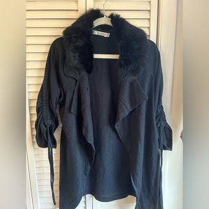 miilla Black Open Cardigan with Rabbit Fur collar sz Medium